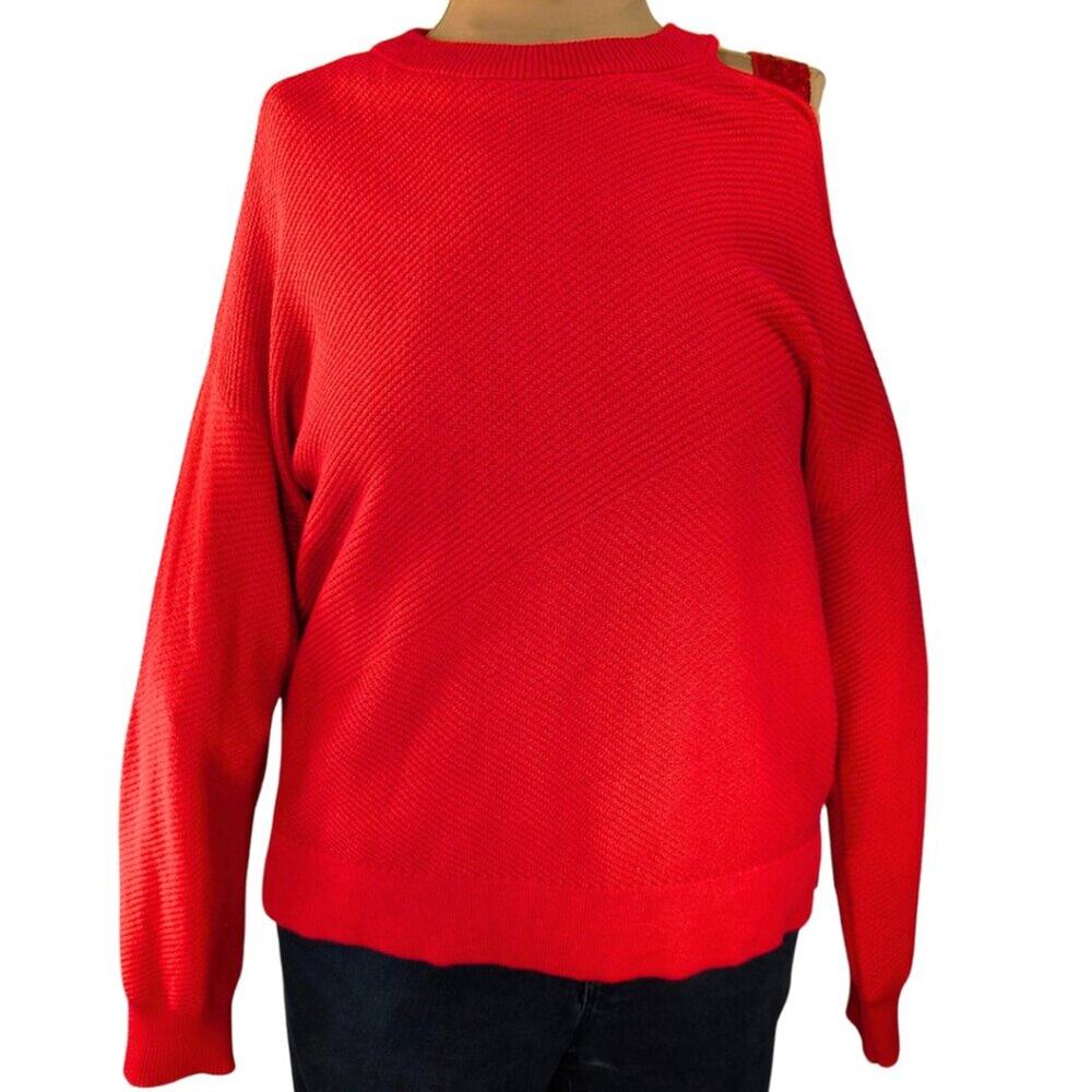 DKNY Large Red Chunky Waffle Knit Cotton Cold Shoulder Sequin Crewneck Sweater